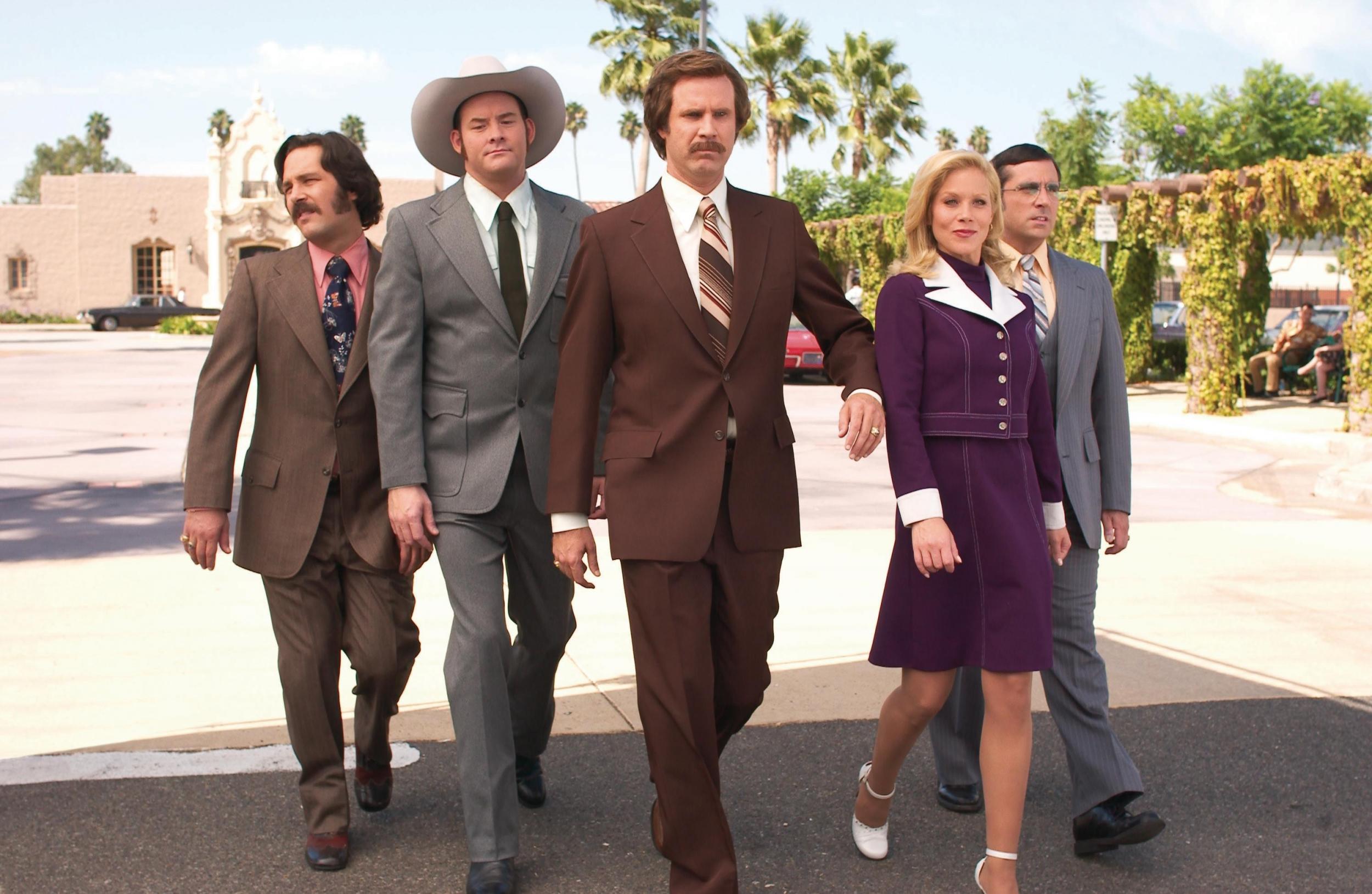 Brian Fantana, Champ Kind, lead anchor Ron Burgundy, Veronica Corningstone and Brick Tamland in Anchorman